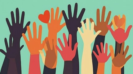Charity concept illustration featuring raised hands and hearts.