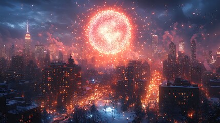 Obraz premium Majestic view of fireworks encircling a glowing New Years Eve ball above tall buildings