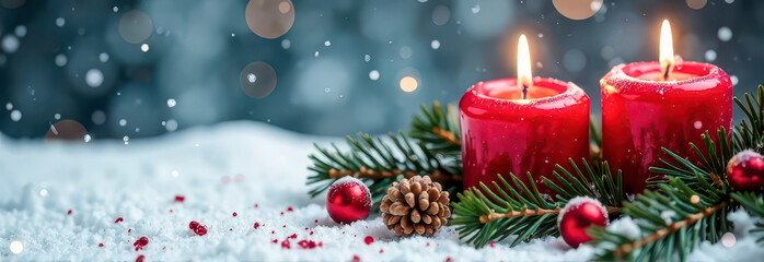 Red Lit Candles Pine Tree Branches, Pine Cones - Festive Christmas Background, Card, Gifts, Greetings