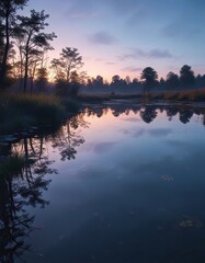 Obraz premium A delicate blue hue is reflected in the smooth surface of a still pond at dusk, still water, reflective pool, serene atmosphere