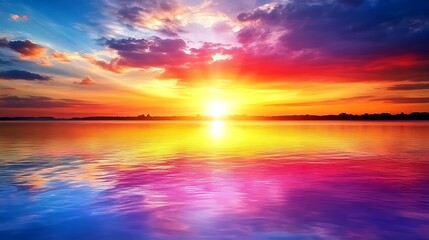 Obraz premium A vibrant, colorful sunset over a serene lake