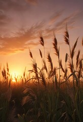 A dramatic reed field with tall stalks swaying in the wind, illuminated by a warm orange sunset, field of view, countryside