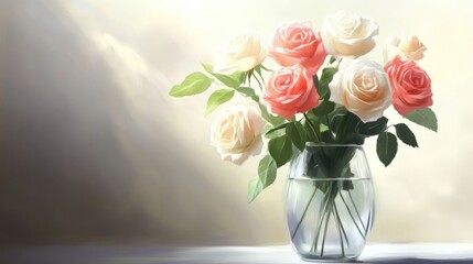 Fototapeta premium Pink and white roses in a glass vase.
