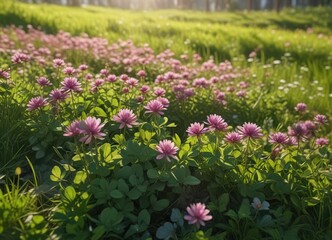 Obraz premium A lush and vibrant patch of clover in a sunny meadow, meadow, sunny meadow