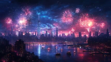 New Years Eve festivities with fireworks bursting over the glowing ball and city lights