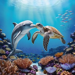 A sea turtle and two dolphins are swimming in a coral reef.