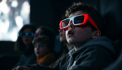 Children watching a 3D movie with colorful glasses