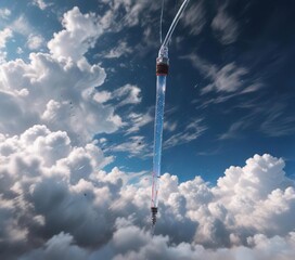 Obraz premium A solitary syringe drifting through a cloud-filled sky with a few wispy strands attached to its side, hazy, soothing