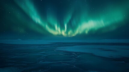 Fototapeta premium A vibrant, dynamic aurora over a frozen lake