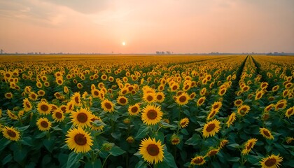 Fototapeta premium Sunflower Field at Sunset Capturing Nature's Beauty and Tranquility