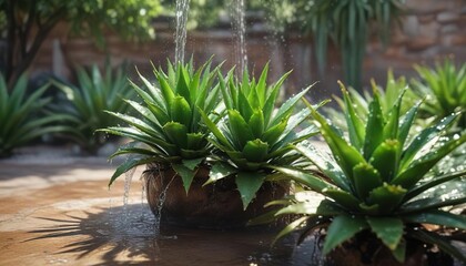 Fototapeta premium Aloe vera fallen into the fountain with sprays of water, fountain, fall