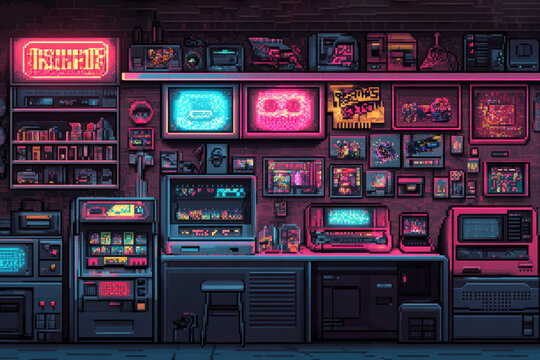 Retro Gaming Setup with Neon Pixel Art Design
