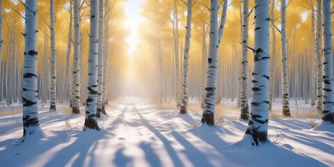 Obraz premium Line of aspen trees covered in a layer of fresh powder and frosty sunbeams, snowy aspen, frozen nature