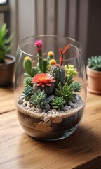 Low-maintenance cactus succulent terrarium arrangement on wooden table, wood texture, living walls, indoor plants