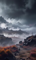 Fototapeta premium Mysterious fog rises from the ground on a dark and isolated landscape , blue smoke, natural phenomena, eerie ambiance