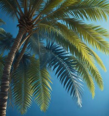 Obraz premium Palm fronds in shades of blue hanging from a sturdy tree branch , blue palm leaf, serene atmosphere, calming scene