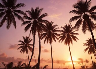 Palm trees swaying in the gentle breeze at sunrise, tropical, sunrise, beach