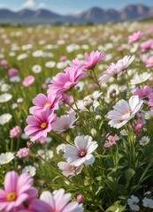 Fototapeta premium Pink and white flowers blooming in a field on a sunny day, sunlight, landscape