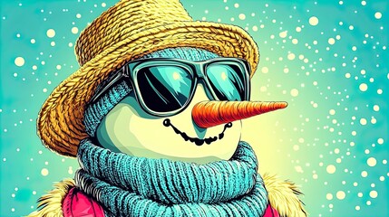 Fototapeta premium Chic Snowman in Summer Vibes: A Stylish Poster for Sports Interiors Featuring Turquoise Accents, Reflective Sunglasses, and a Playful Bokeh Background