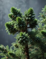 Fototapeta premium Prickly evergreen branch with clusters of green cones and needles, plant life, forest