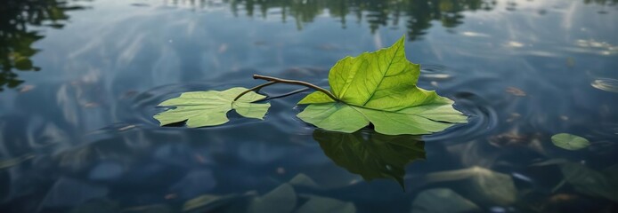 A lone green leaf drifts slowly across the surface of a calm lake, flora, slow movement leaf green calm water reflective surface