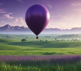 Fototapeta premium A lone purple glossy balloon hovering above a bright green field, solo, outdoor, field
