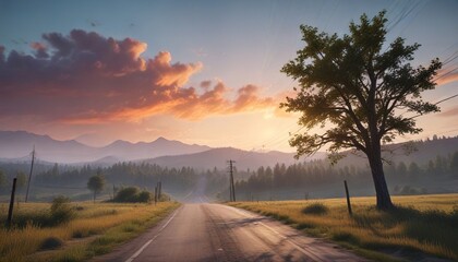 A lone telephone pole rises above the treetops on a windswept country road, bare trees, rocky outcroppings, telephone pole