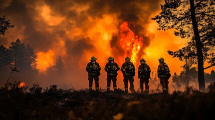 Fototapeta premium Brave firefighters stand firm against fierce wildfire flames in a moment of courage and determination.