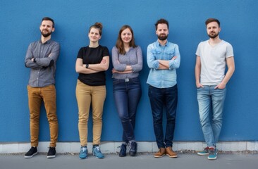 Obraz premium Portrait of creative business team standing together and laughing. Multiracial business people together at startup