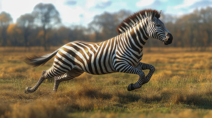 A zebra gallops across an open field