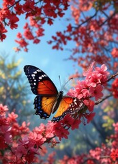 A single colorful butterfly resting on the petals of a blooming tree with red flowers, foliage, landscape, flowers