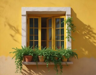 A tiny window with green wooden shutters and a small potted plant is nestled in a warm yellow stucco wall with vines , building, window, stucco wall