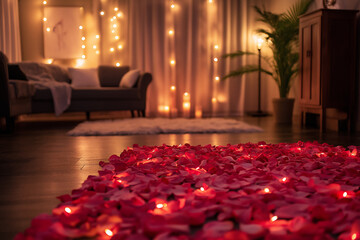 Romantic setting with rose petals and warm lights creating a cozy ambiance. Generative AI