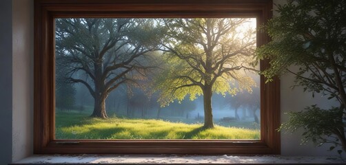 A window with frosted glass and a tree in the background, calm surroundings, frosted glass, blurred tree
