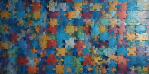 abstract colored puzzle pieces arranged in a colorful pattern on blue canvas, pieces, modern