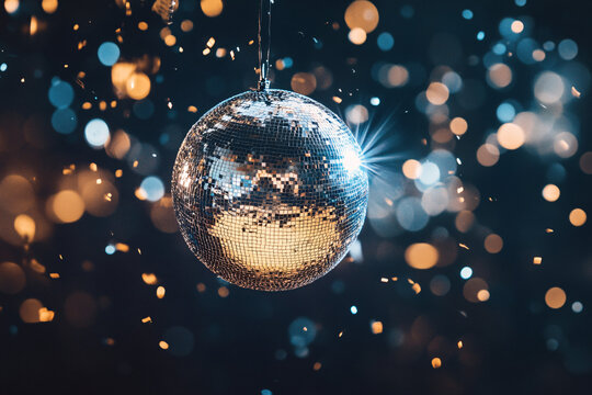 Sparkling disco ball suspended against a blurred background of golden lights creating a festive and glamorous atmosphere
