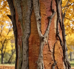Naklejka premium Bark texture of a deciduous fruit tree in autumn, wooden surface, forest features, deciduous fruit tree