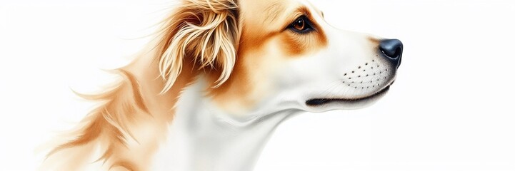 Fototapeta premium Side profile of a golden-white dog on a white background.