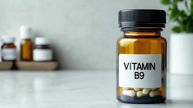 Labelled bottle of vitamin B9 supplements placed on a clean countertop with natural light
