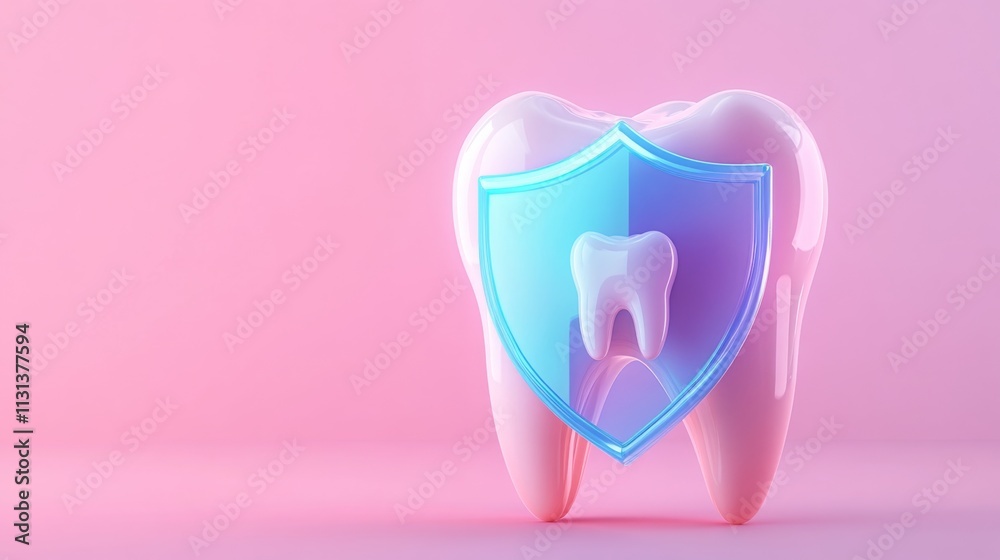 Aufkleber a stylized tooth with a translucent protective shield is displayed against a pink background. this v