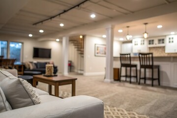 Fototapeta premium defocused view minimalist finished basement living room kitchen bar, cozy inviting warm comfortable