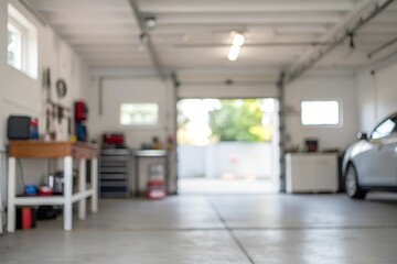blurred view clean garage interior car background, real estate residential house property