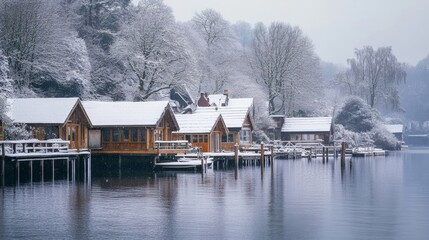 Obraz premium Charming winter scene of wooden houses by a calm lake, blanketed in snow and surrounded by frosty trees, evoking serene beauty.