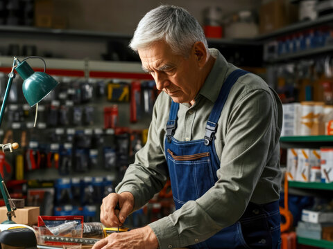elderly man working with table on hardware store