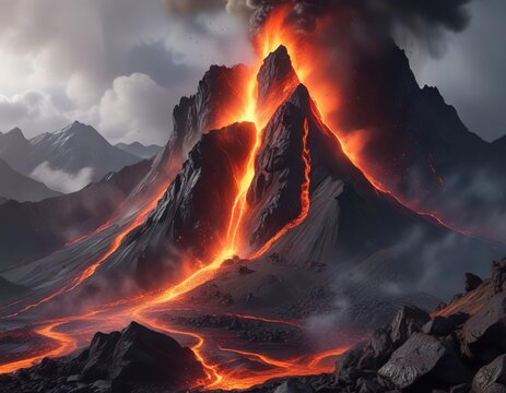Intense volcanic eruption with lava flowing down mountain slopes, molten lava, rugged landscape