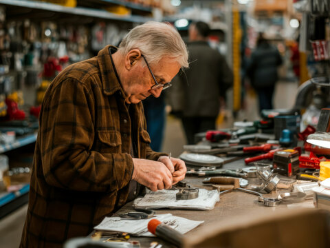 elderly man working with table on hardware store