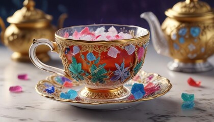 Fototapeta premium ornate sugar crystals scattered around a small tea cup, red oriental, spiced decor