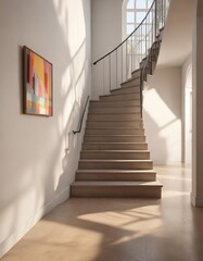 Obraz premium Shadow of a staircase on the wall in a bright and airy room , wall, staircase