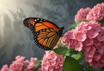 Obraz premium A monarch butterfly landing on the stem of a large hydrangea plant , landing, nature, butterfly