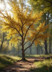 Obraz premium A Salix alba tree with blurred leaves in a forest landscape, frozen pond, , forest landscape